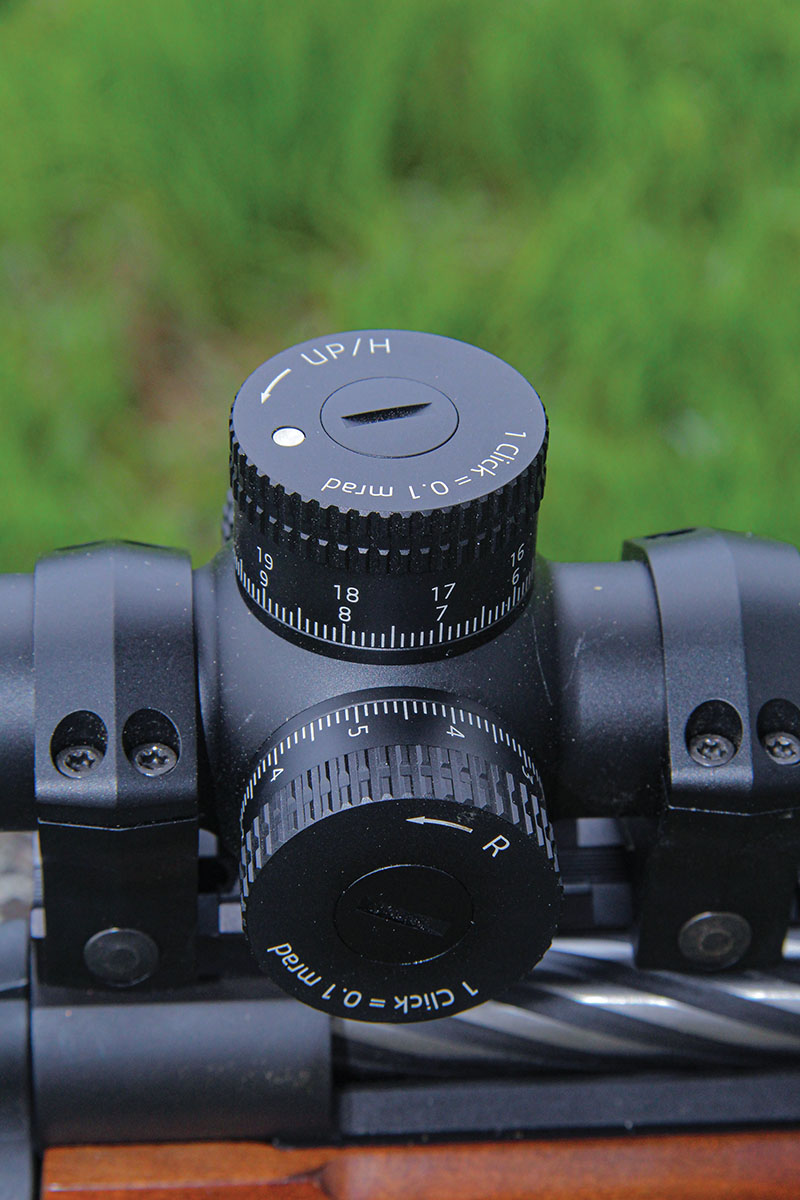 The exposed elevation and windage turrets of the GPO Centuri Super Compact include 0.1-MRAD movements that correlate to the MRAD first focal plane (FFP) reticle.